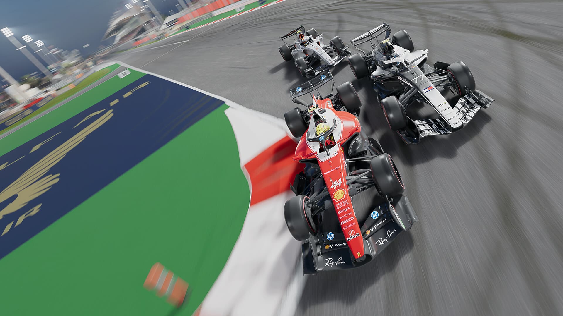 F1 25 2026 시즌팩에서 Ferrari와 Cadillac 차량이 함께 달리는 레이스 장면